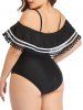 Maillot de Bain Une-Pièce Rayé Contrasté à Pois de Grande Taille à Volants - Noir XL
