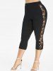 Legging Capri Ajusté Fleuri Panneau en Dentelle Boutonné de Grande Taille - Noir 3X | US 22-24