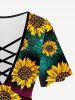 Plus Size Sunflower Galaxy Printed Crisscross Short Sleeves Tee -  