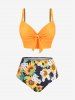 Plus Size Knot Sunflower Printed Longline Bikini Three Piece Swimsuit -  
