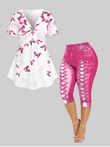 Watercolor Butterfly Short Sleeve Tunic Tee and 3D Lace Up Jean Print Capri Leggings  Plus Size Outfit