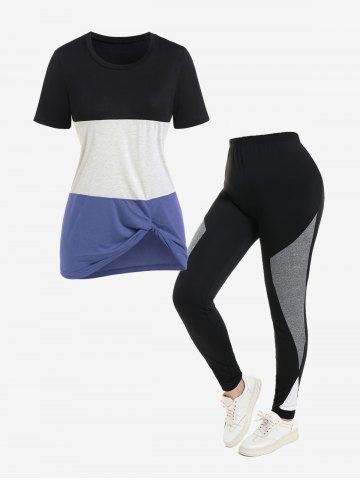 Plus Size Colorblock Short Sleeves Tee and Leggings Summer Outfit