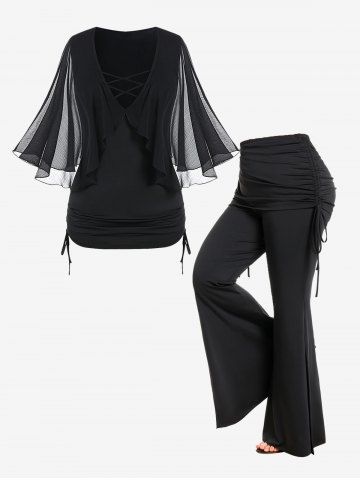 Cinched Ruched Mesh Crisscross Tee and Pull On Skirted Flare Pants Plus Size Summer Outfit - BLACK