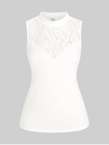 Plus Size High Neck Lace Panel Knitted Top - WHITE - M | US 10