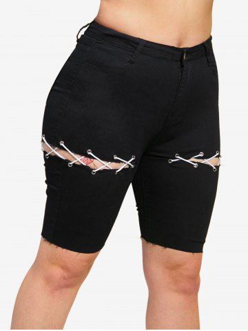 Raw Hem Lace Up Plus Size Biker Denim Shorts