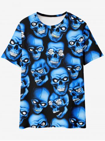 Gothic Sparkly Skull Print T-shirt - BLUE - L