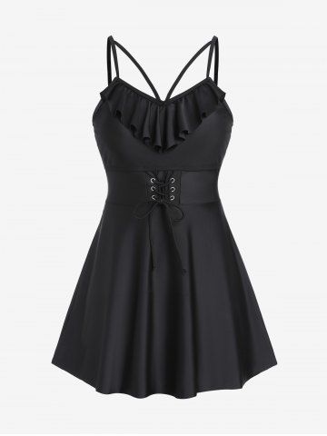 Plus Size Lace-up Ruffle Strappy Tankini Swimsuit