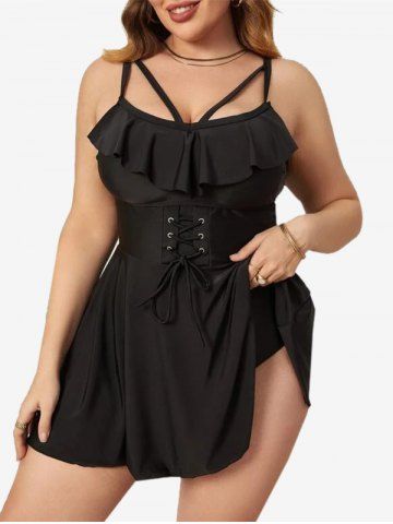 Plus Size Lace-up Ruffle Strappy Tankini Swimsuit