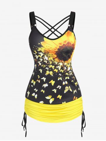 Plus Size Sunflower Butterfly Cinched Ruched Strappy Top - YELLOW - 1X | US 14-16