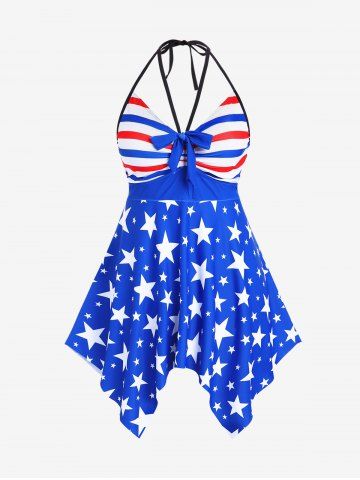 Plus Size Patriotic American Flag Print Halter Bow Tankini Swimsuit - BLUE - L | US 12
