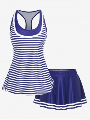 Plus Size Racerback Stripes Cinched Ruched Padded Skort Tankini Swimsuit - DEEP BLUE - M | US 10