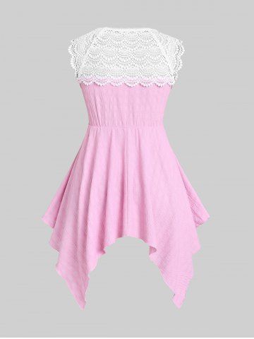 Plus Size Lace Panel Knot Handkerchief Textured Tank Top