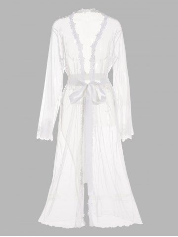 Sheer Mesh Lace Trim Bell Sleeve Belted Maxi Lingerie Dress - WHITE - XL