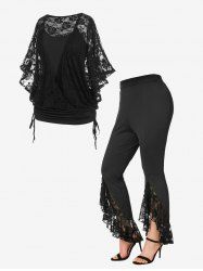 Cinched Ruched Batwing Sleeves 2 In 1 Tee and Floral Lace Insert Slit Bell Pants Plus Size Summer Outfit -  