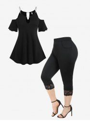 Keyhole Cold Shoulder Chains Tee and Lace Panel Capri Leggings with Pocket Plus Size Summer Outfit -  