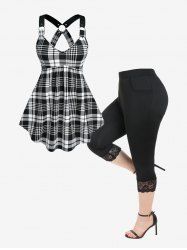 O Ring Plaid Tank Top and Lace Panel Pocket Leggings Plus Size Summer Outfit -  