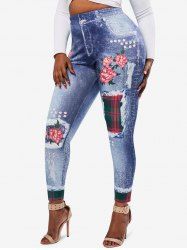 High Waisted 3D Print Floral Plaid Panel Plus Size Jeggings -  
