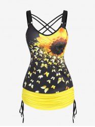 Plus Size Sunflower Butterfly Cinched Ruched Strappy Top -  