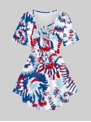Plus Size Tie Dye Printed Crisscross Short Sleeves Tee -  