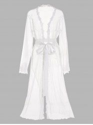 Sheer Mesh Lace Trim Bell Sleeve Belted Maxi Lingerie Dress -  