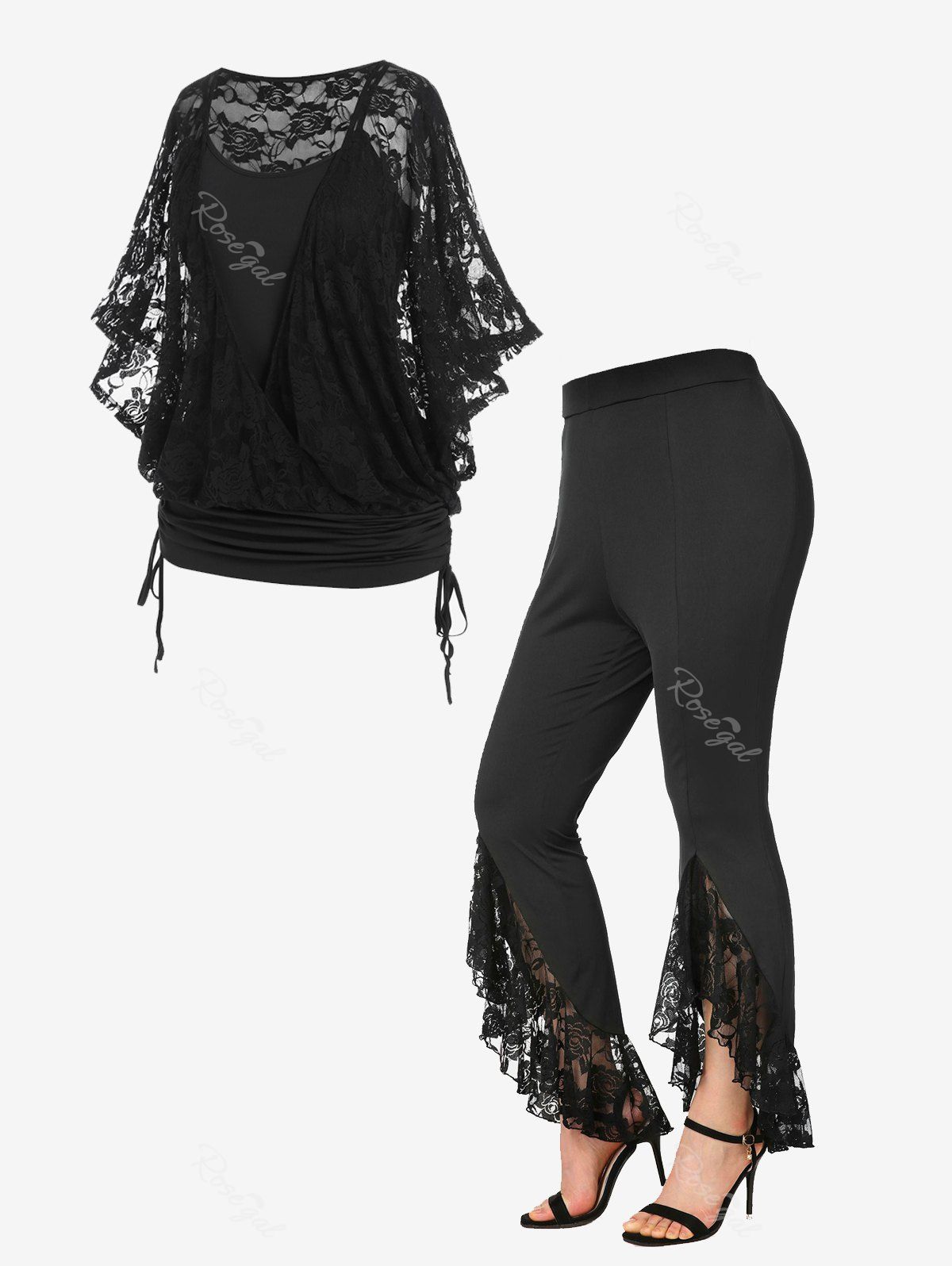 Fancy Cinched Ruched Batwing Sleeves 2 In 1 Tee and Floral Lace Insert Slit Bell Pants Plus Size Summer Outfit  