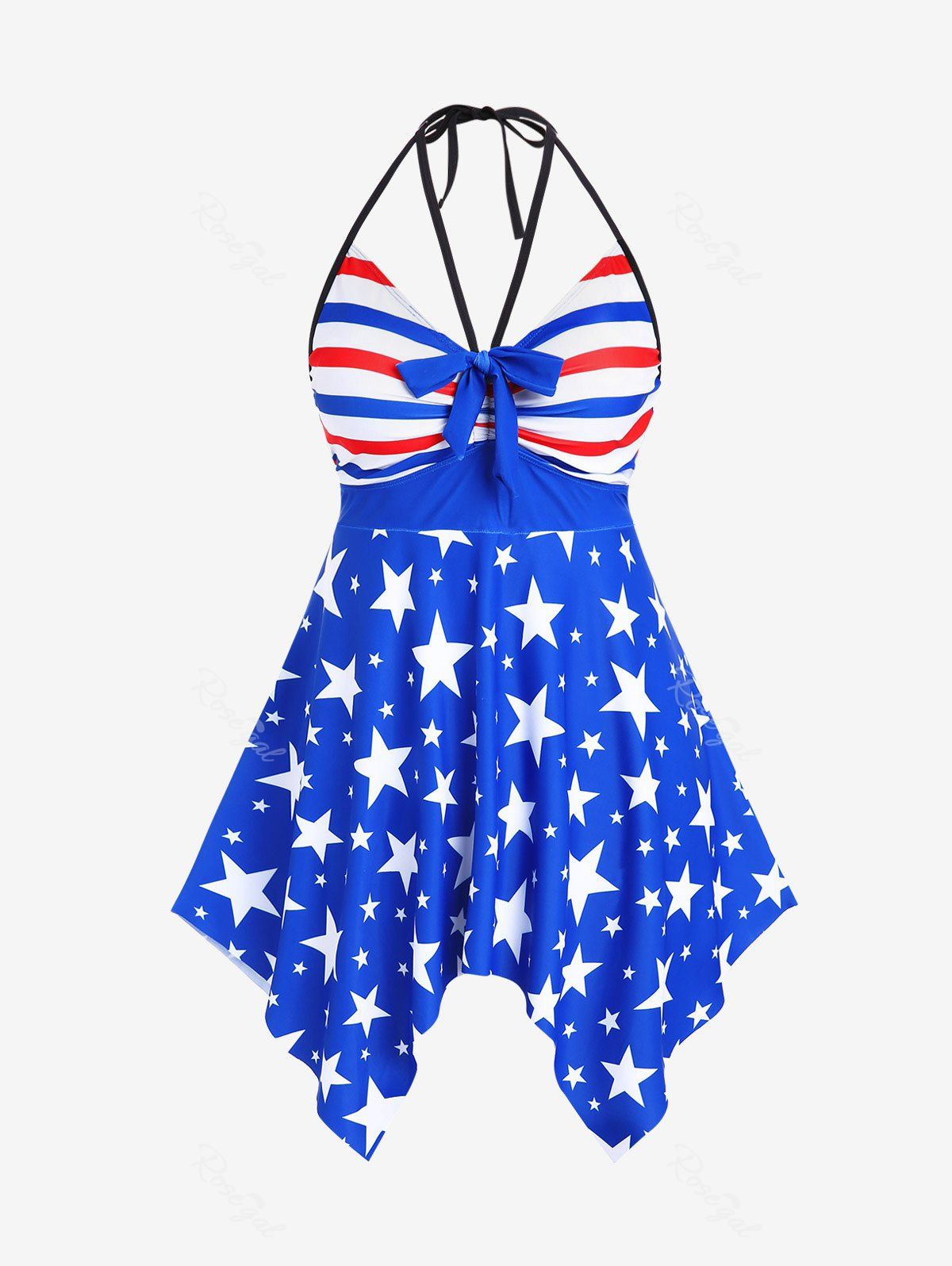 Fashion Plus Size Patriotic American Flag Print Halter Bow Tankini Swimsuit  