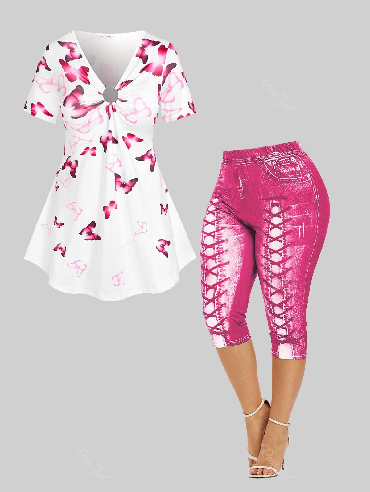 Shops Watercolor Butterfly Short Sleeve Tunic Tee and 3D Lace Up Jean Print Capri Leggings  Plus Size Outfit  