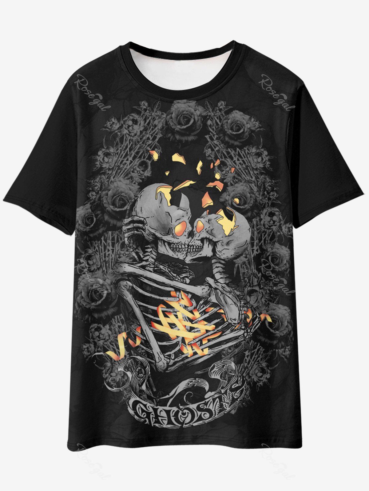T-shirt Gothique Rose Squelette Graphique Noir 4XL
