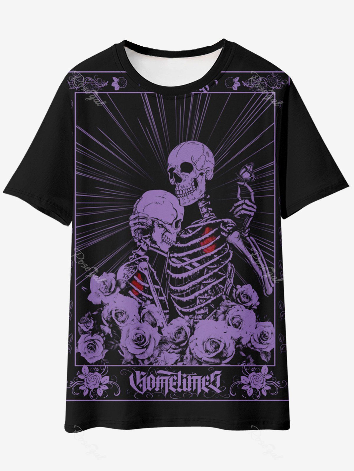T-shirt Gothique Rose Squelette Graphique Noir 6XL