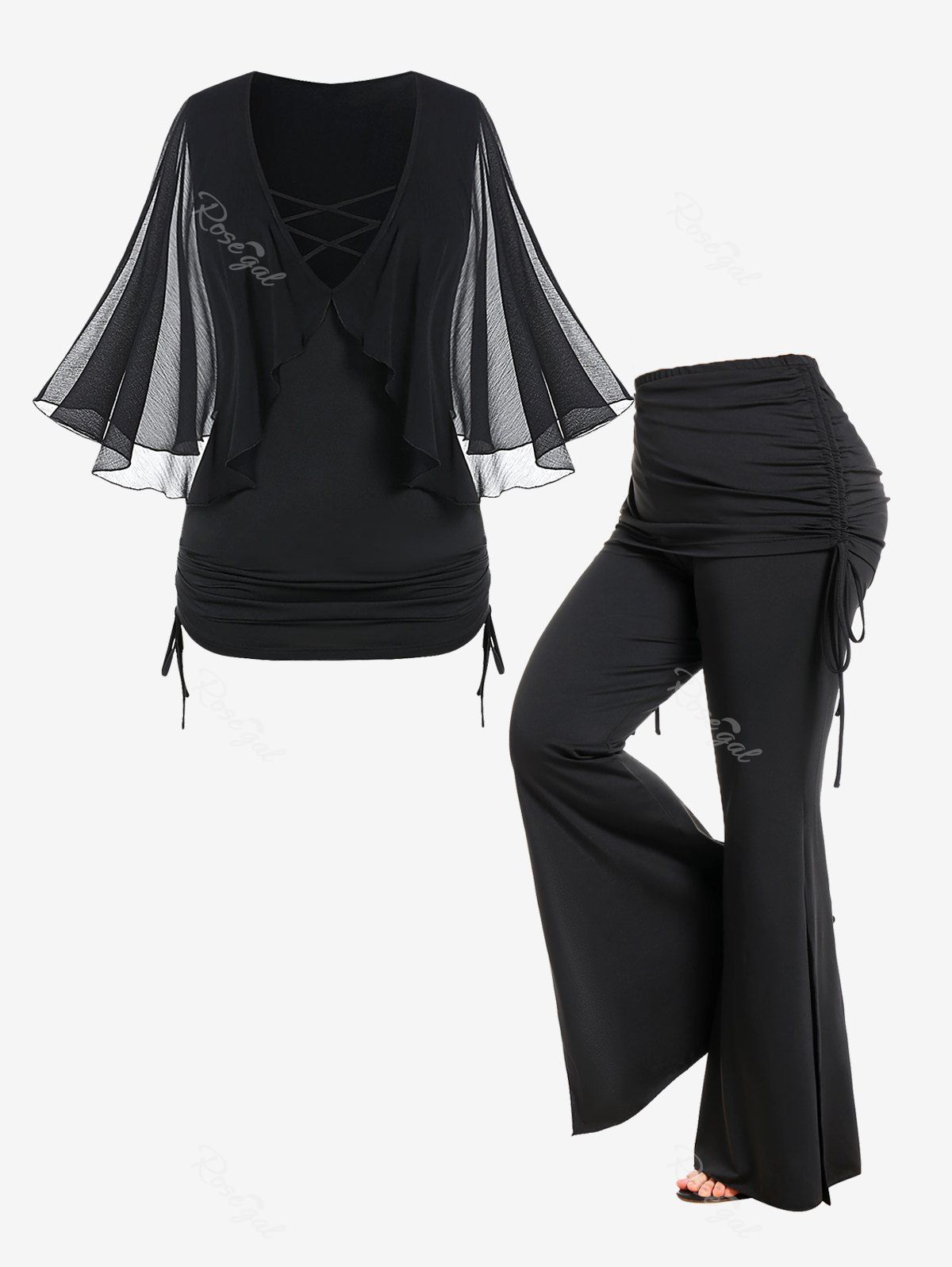 Latest Cinched Ruched Mesh Crisscross Tee and Pull On Skirted Flare Pants Plus Size Summer Outfit  