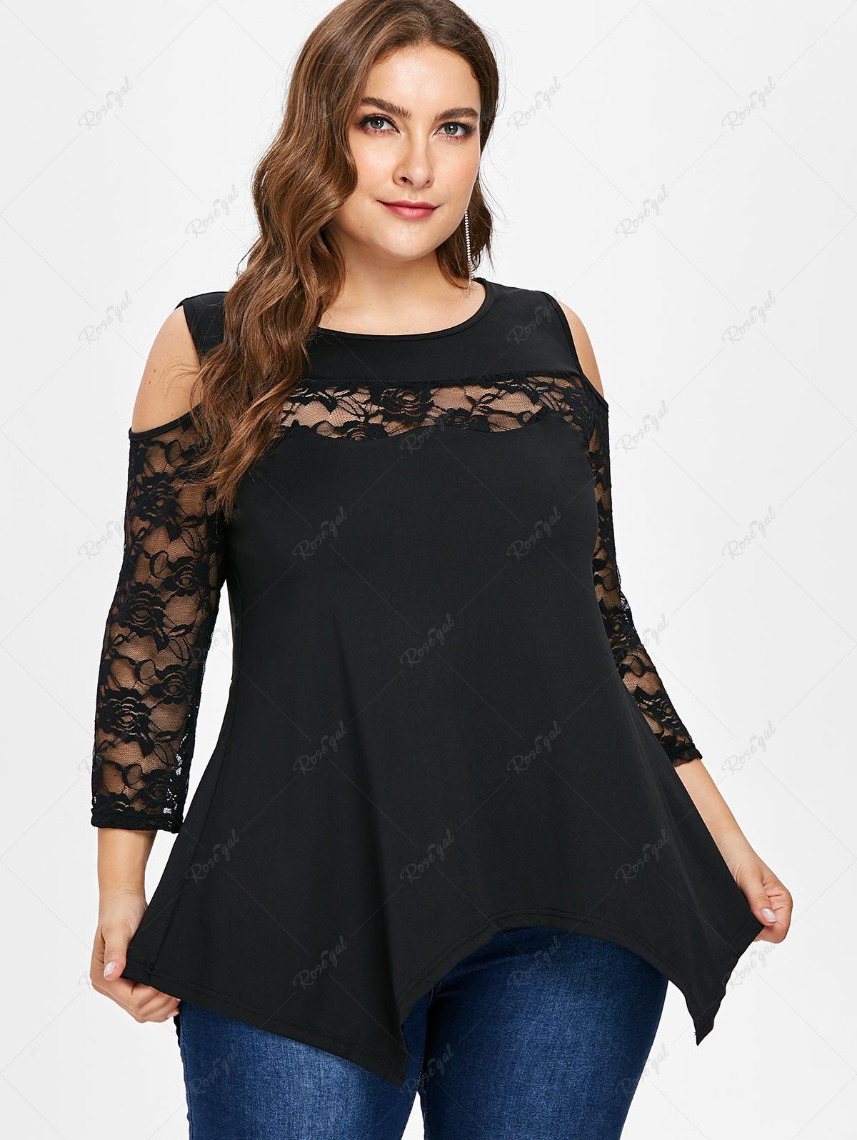 Chic Plus Size Lace Insert Cold Shoulder Tee  