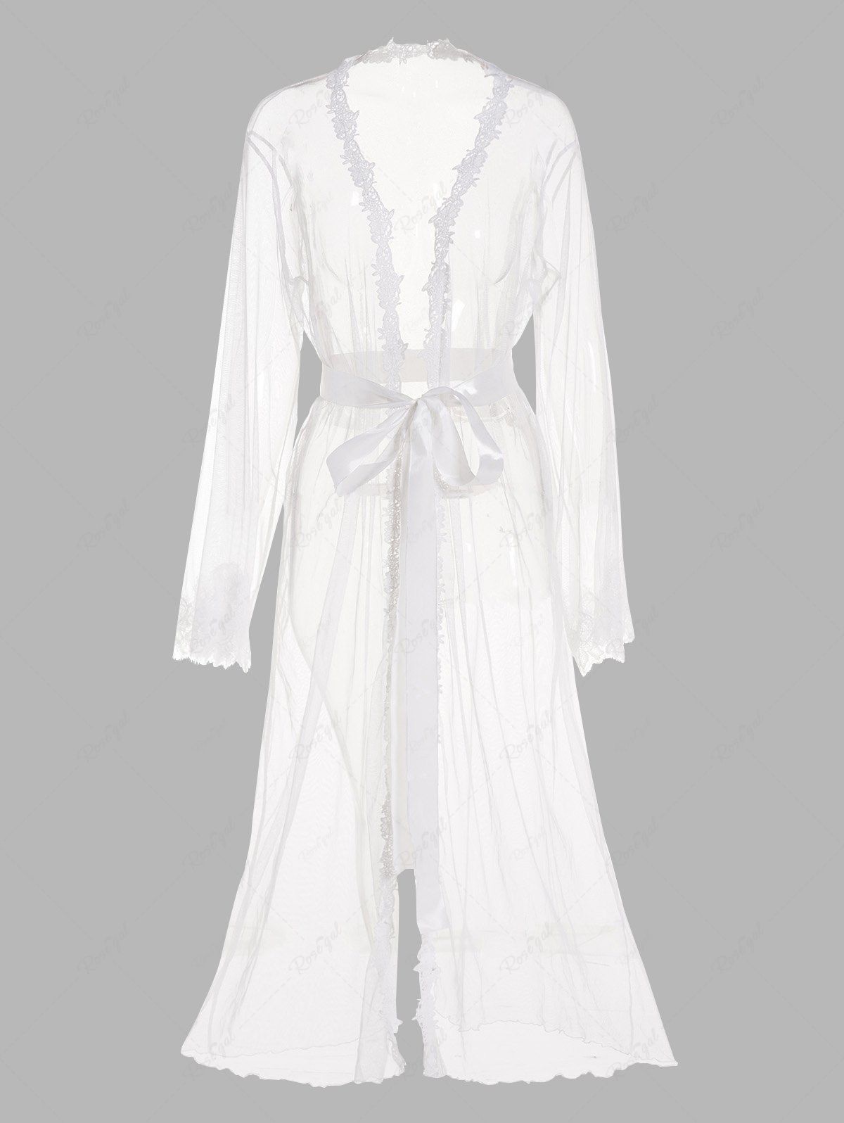 Latest Sheer Mesh Lace Trim Bell Sleeve Belted Maxi Lingerie Dress  