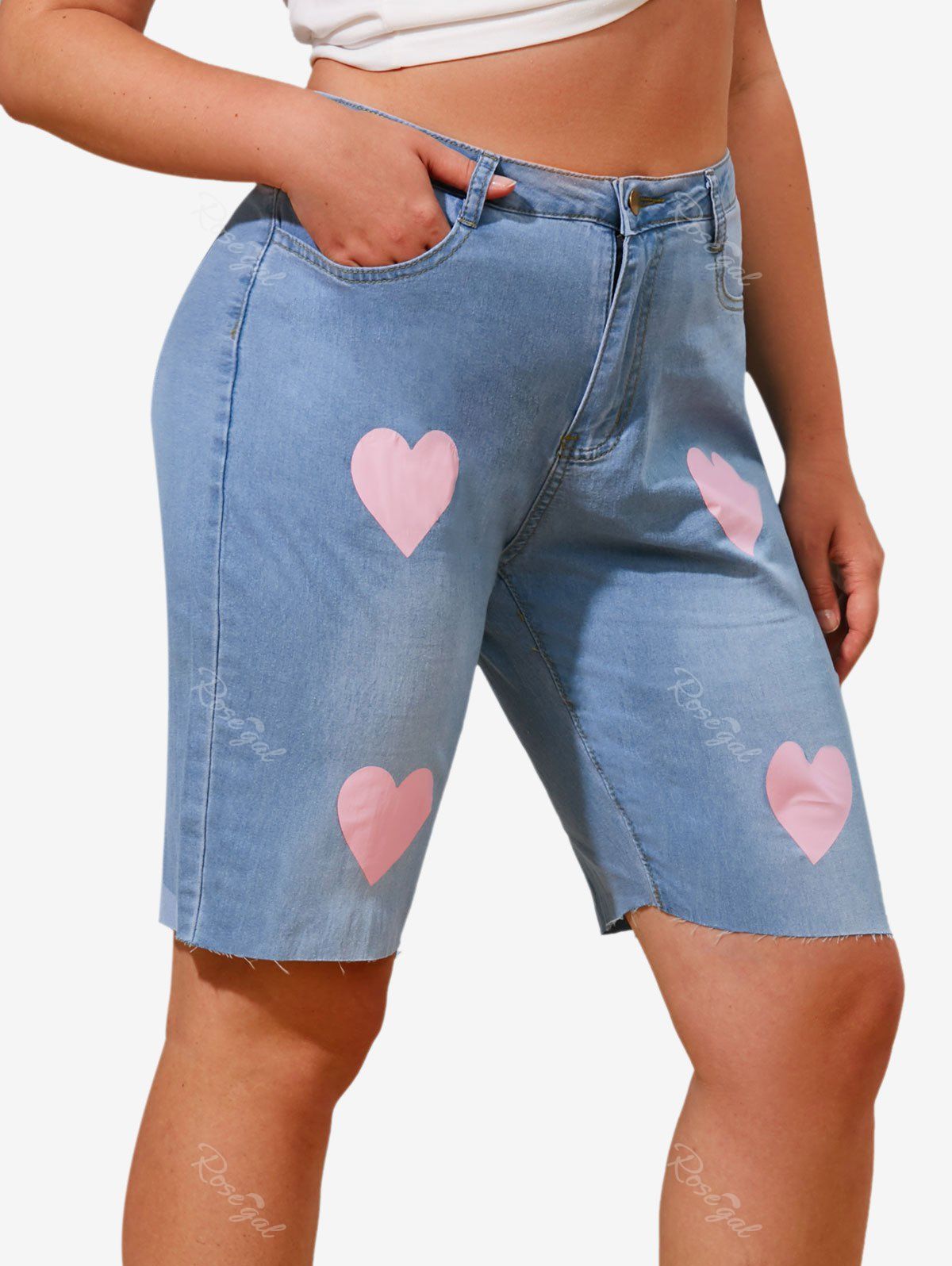 Fancy Valentines Heart Print Plus Size Denim Bermuda Shorts  