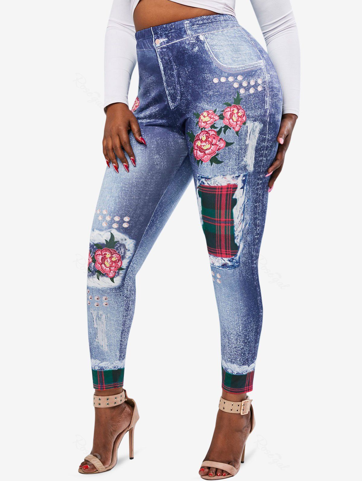 Chic High Waisted 3D Print Floral Plaid Panel Plus Size Jeggings  