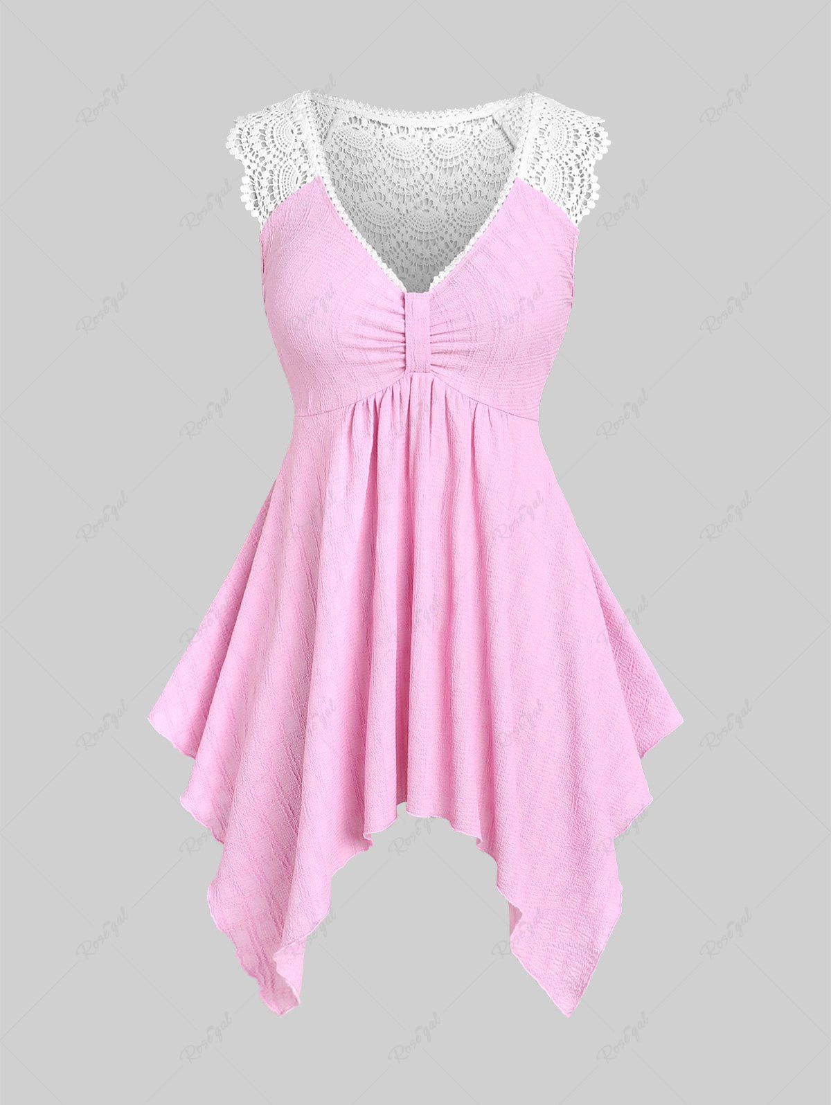 Discount Plus Size Lace Panel Knot Handkerchief Textured Tank Top  