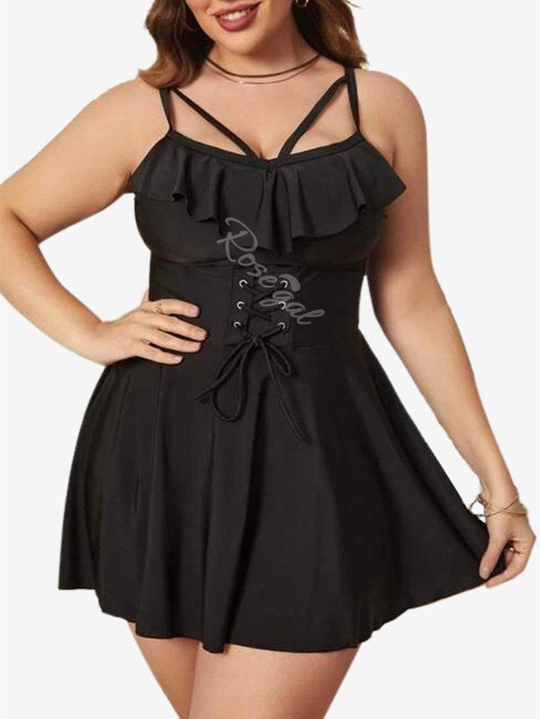 Online Plus Size Lace-up Ruffle Strappy Tankini Swimsuit  