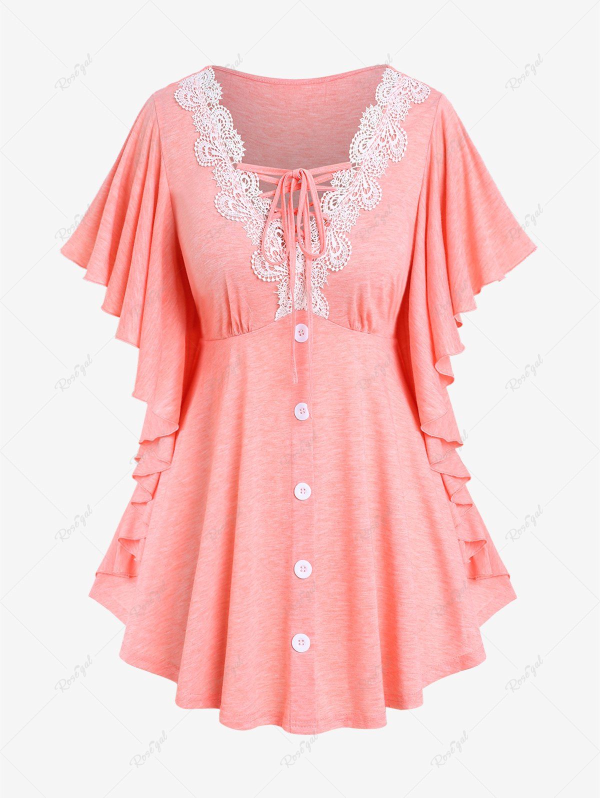 Outfit Plus Size Lace Trim Lace-up V Neck Kaftan Top  