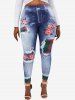 High Waisted 3D Print Floral Plaid Panel Plus Size Jeggings -  