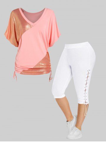 Cinched Ruched Metal Patchwork Batwing Sleeves Tee and High Waisted Lace Up Side Capri Pants Plus Size Summer Outfit
