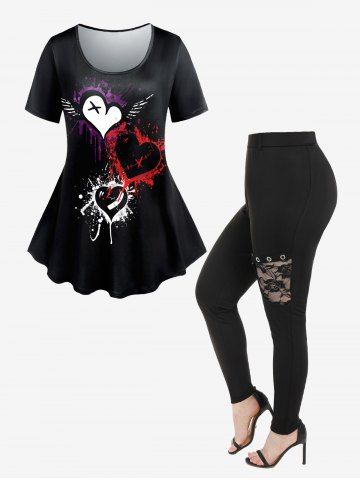 Short Sleeve Broken Hearts Print T-shirt And Lace Panel Grommet Flap Pocket Pull On Pants Gothic Outfit