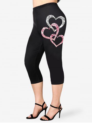 Plus Size Valentines Heart Printed Capri Leggings - BLACK - 2X | US 18-20