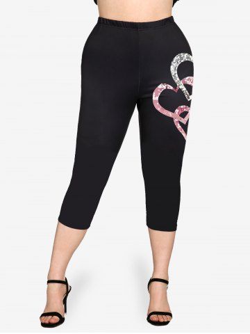 Plus Size Valentines Heart Printed Capri Leggings