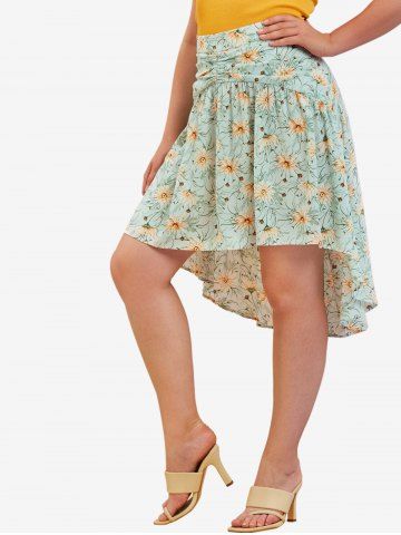 Plus Size Floral Print Ruched High Low Skirt - LIGHT GREEN - 1X
