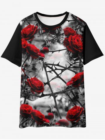 Gothic Thorns Rose Print T-shirt - BLACK - L