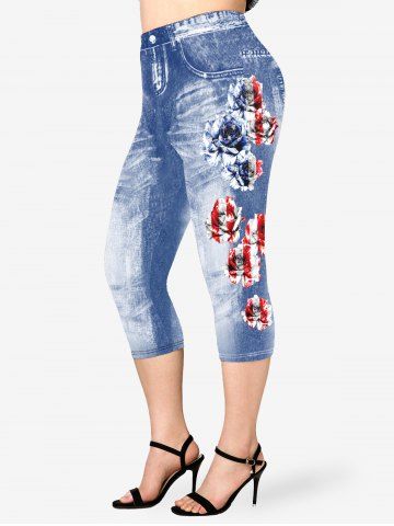 Plus Size 3D Jeans Rose American Flag Patriotic Capri Jeggings - BLUE - L | US 12