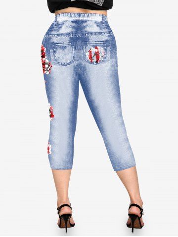 Plus Size 3D Jeans Rose American Flag Patriotic Capri Jeggings