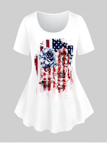 Plus Size Rose American Flag Printed Patriotic Tee - WHITE - XS | US 6
