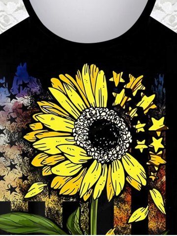 Plus Size Patriotic Sunflower American Flag Lace Panel Tank Top