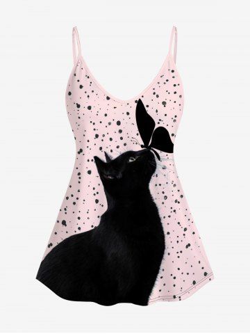 Plus Size Cat Butterfly Printed Tank Top (Adjustable Straps) - LIGHT PINK - 3X | US 22-24