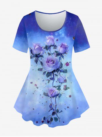 Plus Size Tie Dye Rose Print T-shirt - BLUE - 4X | US 26-28